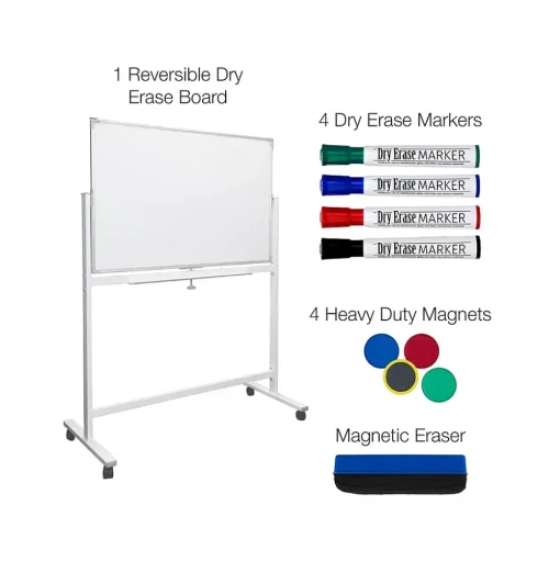 Excello Global Products Dry Erase<Dry-Erase Mobile Whiteboard, Aluminum Frame, 48" x 32" (EGP-HD-0066)