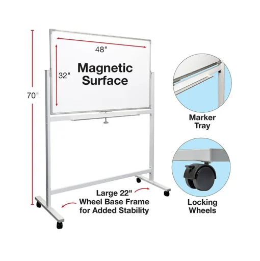 Excello Global Products Dry Erase<Dry-Erase Mobile Whiteboard, Aluminum Frame, 48" x 32" (EGP-HD-0066)