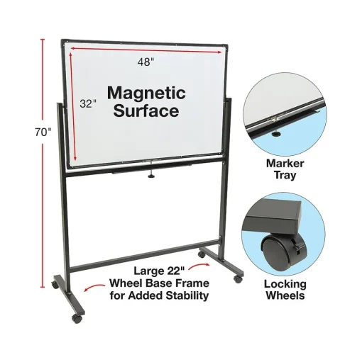 Excello Global Products Dry Erase<Double Sided Magnetic Steel Mobile Dry-Erase Whiteboard, Aluminum Frame, 4' x 3' (EGP-HD-0066-BK)