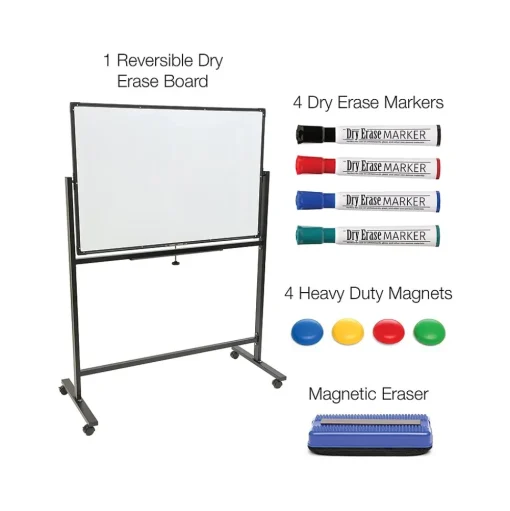 Excello Global Products Dry Erase<Double Sided Magnetic Steel Mobile Dry-Erase Whiteboard, Aluminum Frame, 4' x 3' (EGP-HD-0066-BK)