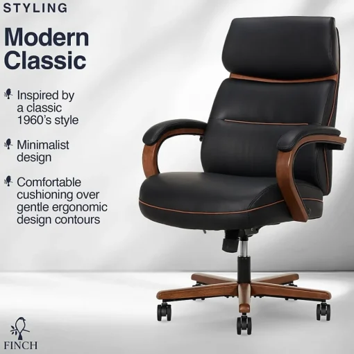 Finch Office Chairs<NEO TWO Ergonomic Vegan Leather/Wood Swivel Executive Chair, Black (52373-BLK)