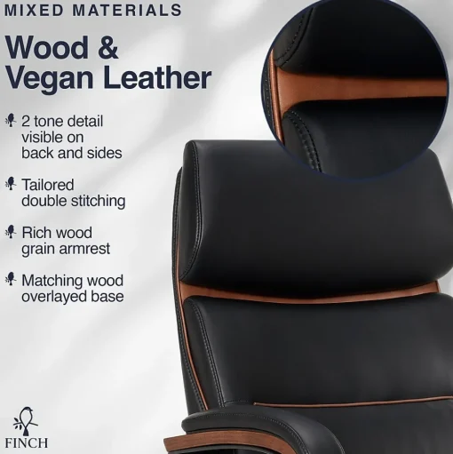 Finch Office Chairs<NEO TWO Ergonomic Vegan Leather/Wood Swivel Executive Chair, Black (52373-BLK)