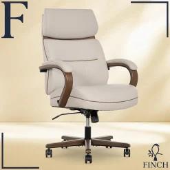 Finch Office Chairs<NEO TWO Ergonomic Vegan Leather/Wood Swivel Executive Chair, Cream (52373-CRM)