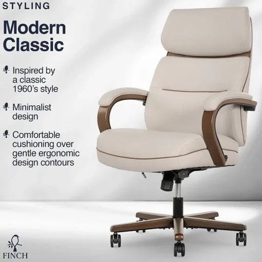 Finch Office Chairs<NEO TWO Ergonomic Vegan Leather/Wood Swivel Executive Chair, Cream (52373-CRM)