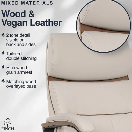 Finch Office Chairs<NEO TWO Ergonomic Vegan Leather/Wood Swivel Executive Chair, Cream (52373-CRM)