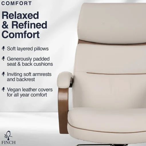 Finch Office Chairs<NEO TWO Ergonomic Vegan Leather/Wood Swivel Executive Chair, Cream (52373-CRM)