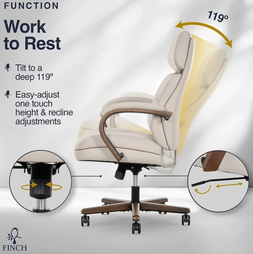 Finch Office Chairs<NEO TWO Ergonomic Vegan Leather/Wood Swivel Executive Chair, Cream (52373-CRM)