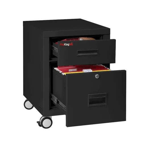 FireKing File Cabinets<2-Drawer Mobile Vertical File Cabinet, Letter/Legal Size, Lockable, Fire Resistant, Black (2M1822-1BL)
