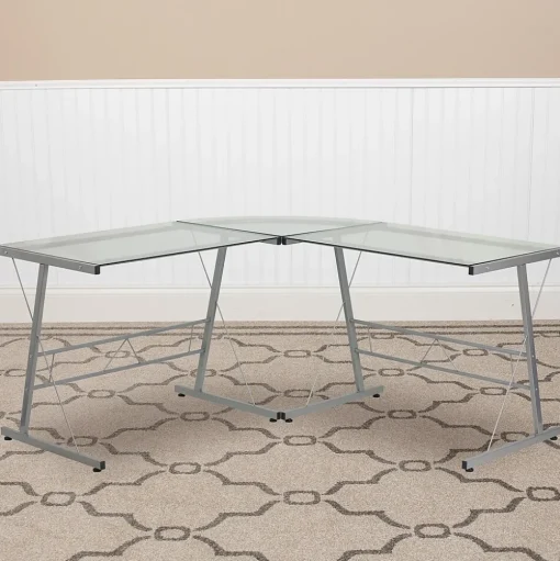 Flash Furniture Computer Desks<84" Glass L-Shape Computer Desk, Clear/Silver (NANCD22181)