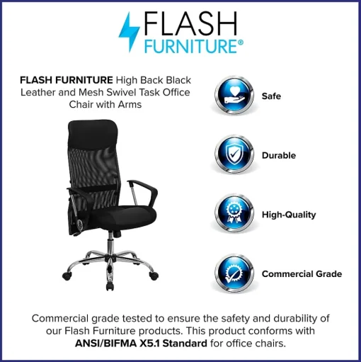 Flash Furniture Office Chairs<Abney Ergonomic Leather and Mesh Swivel High Back Task Office Chair, Black (BT905)