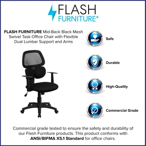 Flash Furniture Office Chairs<Ariel Ergonomic Mesh Swivel Mid-Back Task Office Chair, Black (BT2755BK)