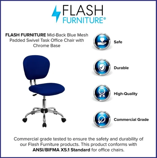 Flash Furniture Office Chairs<Beverly Armless Ergonomic Mesh Swivel Mid-Back Padded Task Office Chair, Blue (H2376FBLUE)