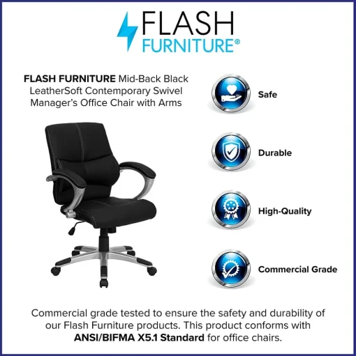Flash Furniture Office Chairs<Bodie LeatherSoft Swivel Mid-Back Manager's Office Chair, Black (H9637L2MID)