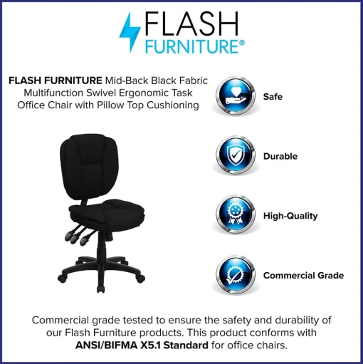 Flash Furniture Office Chairs<Caroline Armless Ergonomic Fabric Swivel Mid-Back Multifunction Task Office Chair, Black (GO930FBK)