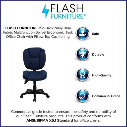 Flash Furniture Office Chairs<Caroline Armless Ergonomic Fabric Swivel Mid-Back Multifunction Task Office Chair, Navy Blue (GO930FNVY)