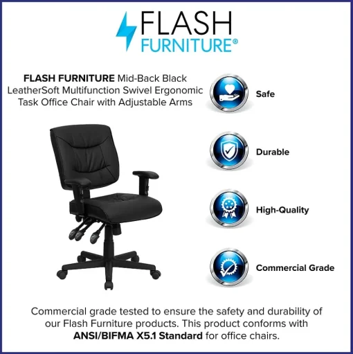 Flash Furniture Office Chairs<Cole Ergonomic LeatherSoft Swivel Mid-Back Task Office Chair, Black (GO1574BKA)