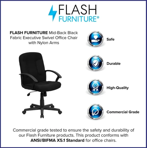 Flash Furniture Office Chairs<Garver Fabric Swivel Mid-Back Executive Office Chair, Black (GOST6BKFAB)