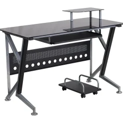 Flash Furniture Computer Desks<Glass Computer Desk with Pull-Out Keyboard Tray and CPU Cart, Black
