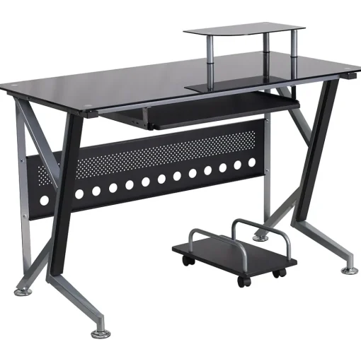 Flash Furniture Computer Desks<Glass Computer Desk with Pull-Out Keyboard Tray and CPU Cart, Black