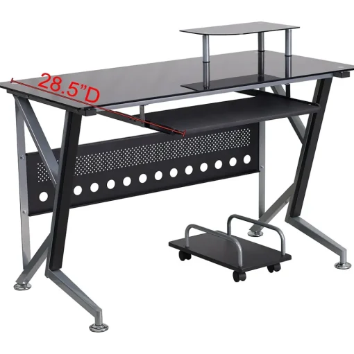 Flash Furniture Computer Desks<Glass Computer Desk with Pull-Out Keyboard Tray and CPU Cart, Black