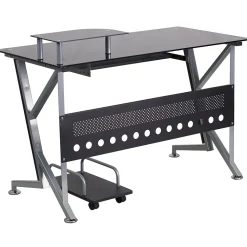 Flash Furniture Computer Desks<Glass Computer Desk with Pull-Out Keyboard Tray and CPU Cart, Black