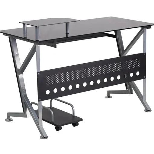 Flash Furniture Computer Desks<Glass Computer Desk with Pull-Out Keyboard Tray and CPU Cart, Black
