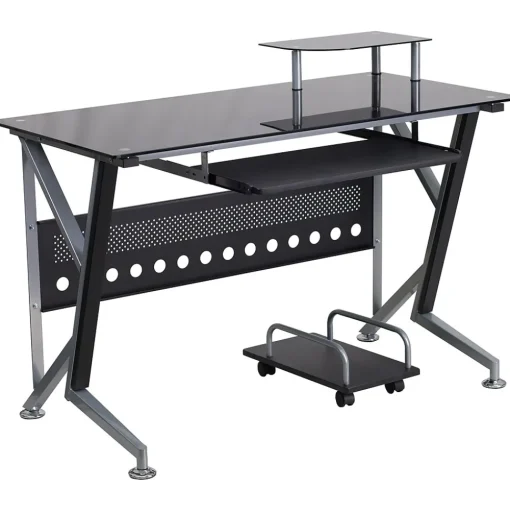 Flash Furniture Computer Desks<Glass Computer Desk with Pull-Out Keyboard Tray and CPU Cart, Black