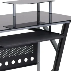 Flash Furniture Computer Desks<Glass Computer Desk with Pull-Out Keyboard Tray and CPU Cart, Black