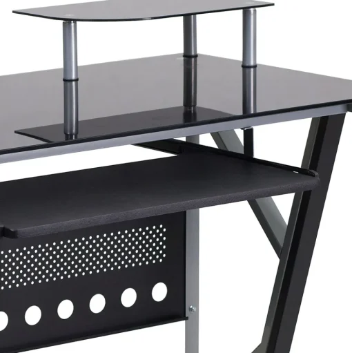 Flash Furniture Computer Desks<Glass Computer Desk with Pull-Out Keyboard Tray and CPU Cart, Black