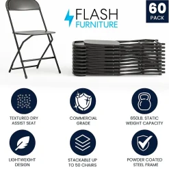Flash Furniture Folding & Stacking<HERCULES™ Plastic Armless Folding Chair, Black, 60/Pack