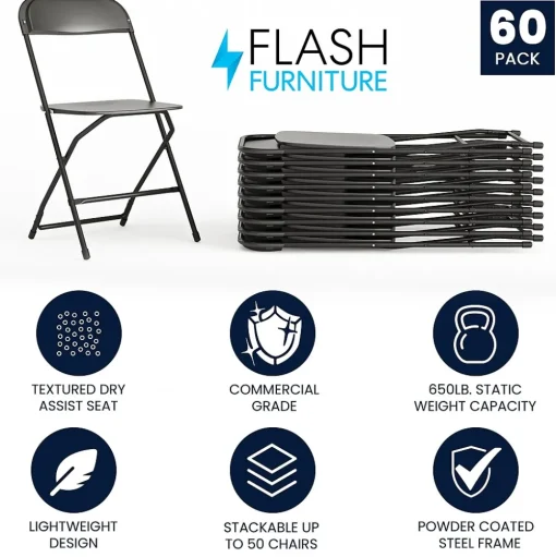 Flash Furniture Folding & Stacking<HERCULES™ Plastic Armless Folding Chair, Black, 60/Pack