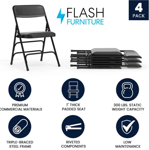 Flash Furniture Folding & Stacking<HERCULES Vinyl Upholstered Reception Chair, Black, 4/Pack (HA-MC309AV-BK-GG)