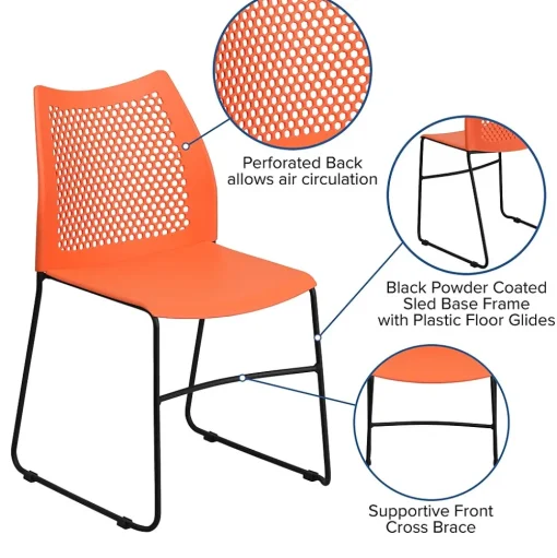 Flash Furniture Folding & Stacking<HERCULES Series Plastic Stack Chair with Air-Vent Back and Sled Base, Orange/Black (RUT498AOR)