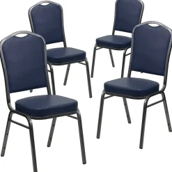 Flash Furniture Folding & Stacking<HERCULES Series Vinyl Banquet Stacking Chair, Navy/Silver Vein Frame, 4 Pack (4FDC01SVNY)