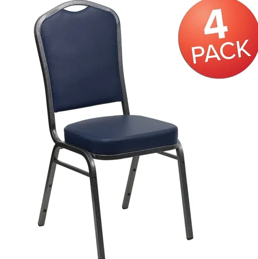 Flash Furniture Folding & Stacking<HERCULES Series Vinyl Banquet Stacking Chair, Navy/Silver Vein Frame, 4 Pack (4FDC01SVNY)