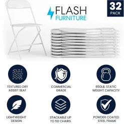 Flash Furniture Folding & Stacking<HERCULES™ Plastic Armless Folding Chair, Premium White, 32/Pack
