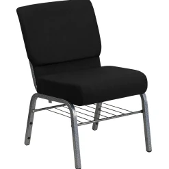 Flash Furniture Folding & Stacking<HERCULES Series Fabric Church Chair with Book Rack, Black/Silver Vein Frame (XUCH0221BKSVB)
