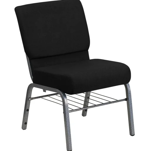 Flash Furniture Folding & Stacking<HERCULES Series Fabric Church Chair with Book Rack, Black/Silver Vein Frame (XUCH0221BKSVB)