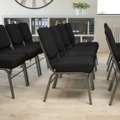 Flash Furniture Folding & Stacking<HERCULES Series Fabric Church Chair with Book Rack, Black/Silver Vein Frame (XUCH0221BKSVB)