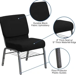 Flash Furniture Folding & Stacking<HERCULES Series Fabric Church Chair with Book Rack, Black/Silver Vein Frame (XUCH0221BKSVB)