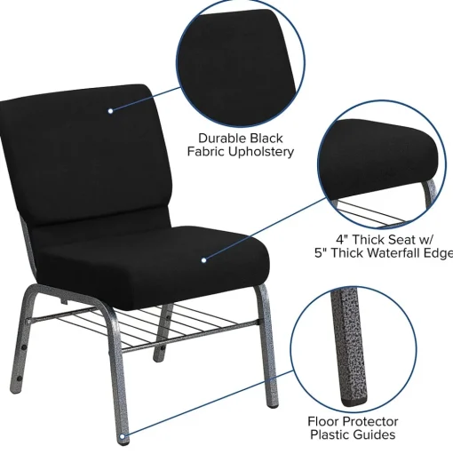 Flash Furniture Folding & Stacking<HERCULES Series Fabric Church Chair with Book Rack, Black/Silver Vein Frame (XUCH0221BKSVB)