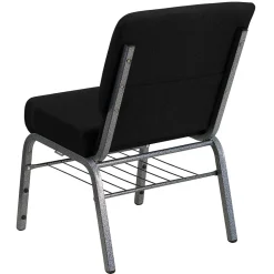 Flash Furniture Folding & Stacking<HERCULES Series Fabric Church Chair with Book Rack, Black/Silver Vein Frame (XUCH0221BKSVB)