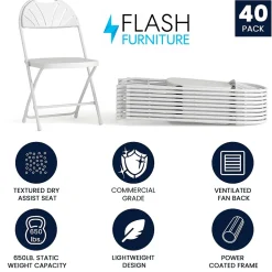 Flash Furniture Folding & Stacking<HERCULES™ Plastic Armless Folding Chair With Fan Back, White, 40/Pack (40LEL4WHITE)