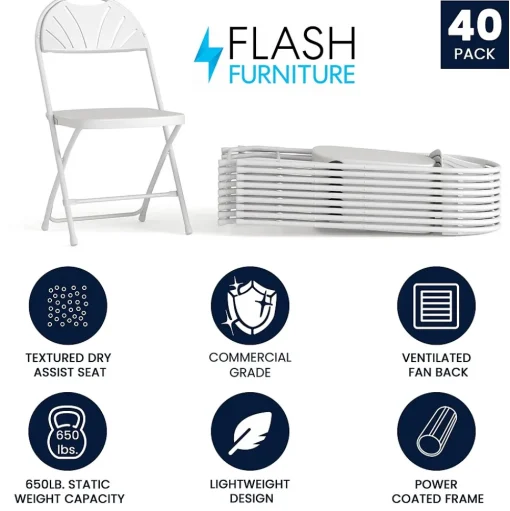 Flash Furniture Folding & Stacking<HERCULES™ Plastic Armless Folding Chair With Fan Back, White, 40/Pack (40LEL4WHITE)