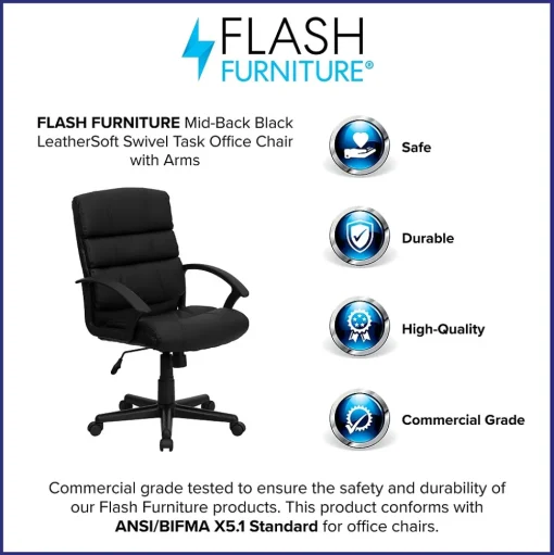 Flash Furniture Office Chairs<Lane LeatherSoft Swivel Mid-Back Task Office Chair, Black (GO1004BKLEA)