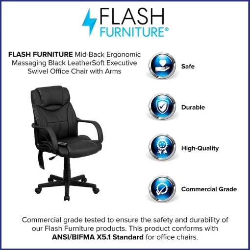 Flash Furniture Office Chairs<Laverne Ergonomic LeatherSoft Swivel Mid-Back Massaging Executive Office Chair, Black (BT2690P)