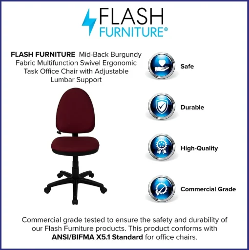 Flash Furniture Office Chairs<Linus Armless Ergonomic Fabric Swivel Mid-Back Multifunction Task Office Chair, Burgundy (WLA654MGBY)