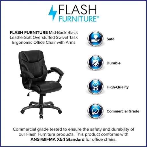 Flash Furniture Office Chairs<Megan Ergonomic LeatherSoft Swivel Mid-Back Overstuffed Task Office Chair, Black (GO724MBKLEA)