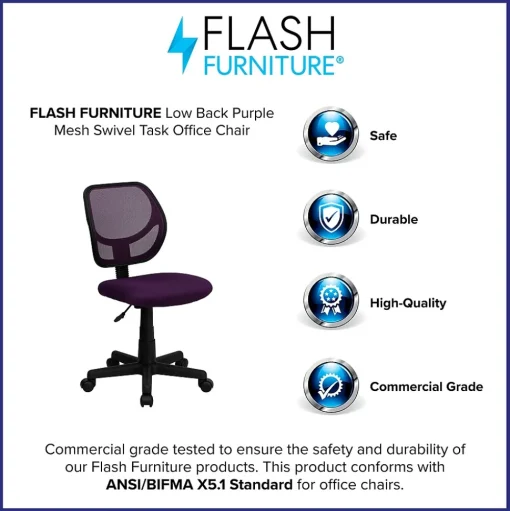 Flash Furniture Office Chairs<Neri Armless Ergonomic Mesh Swivel Low Back Task Office Chair, Purple (WA3074PUR)