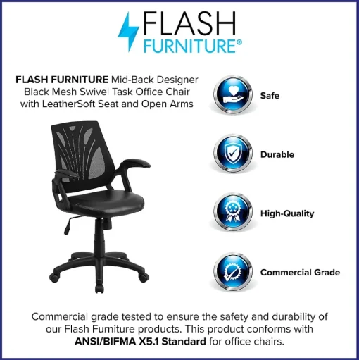 Flash Furniture Office Chairs<Sam Ergonomic LeatherSoft/Mesh Swivel Mid-Back Task Office Chair, Black (GOWY82LEA)